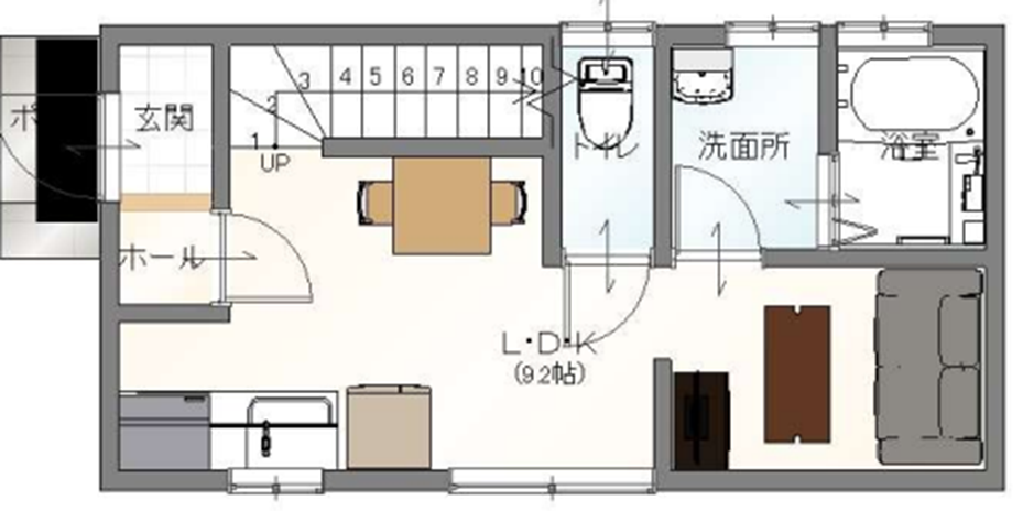松江市でシングルマザーのためのマイホームを建てる林谷工業の間取り04-1