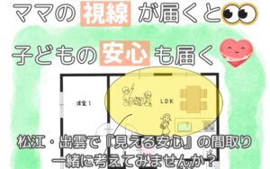 キッチンから子どもを見守ることができる平屋LDKの間取り図。見守り動線を示したイラストと「視線が届くと安心も届く」のキャッチコピー入り。